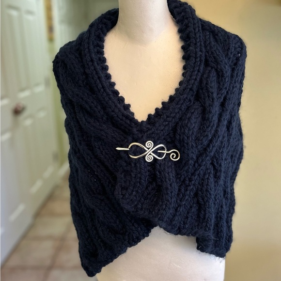 Handknit wrap, navy, cable pattern in Lion Brand’s wool ease. Celtic pin. 43x12” - Picture 1 of 3